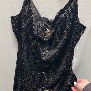 Black Sequin Mini Dress with Gold Chain Straps by Siena Size 16